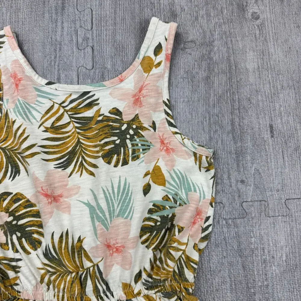 SO Girl's Cream Floral Palm Hibiscus Romper Sz L 10/12 Tropical Beachy Summer